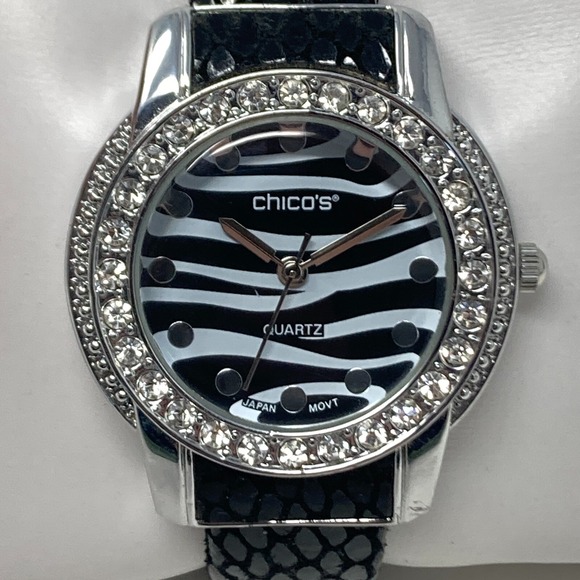 Chico's Watch Women 36mm Silver Tone Zebra Dial Cuff Pave Bling New Battery 6.5" - Picture 1 of 14